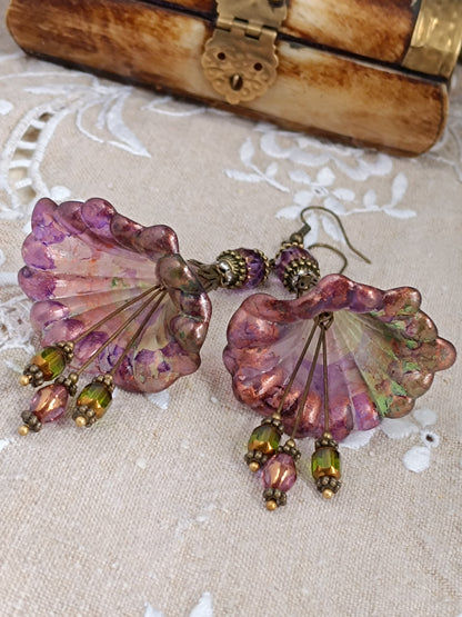 Boucles d'Oreilles Pendantes Féeriques Violettes Vertes Reflets Cuivré Magique Perles Verre Tchèque XXL