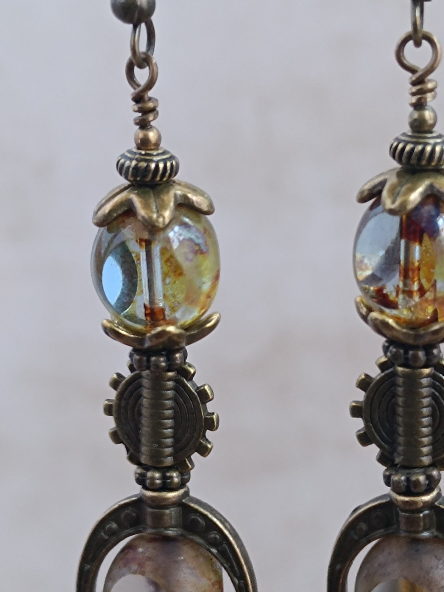 Boucles Oreilles Steampunk Néo-Victoriennes Verre Tchèque Bronze Antique