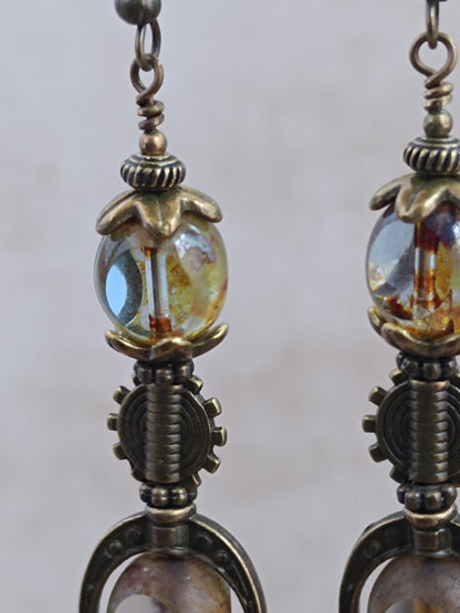 Boucles Oreilles Steampunk Néo-Victoriennes Verre Tchèque Bronze Antique