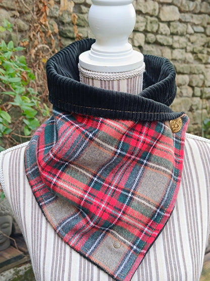 Tour de cou tartan écossais en laine et velours avec bouton boussole vintage
