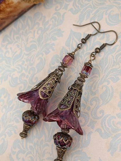 Boucles d'oreilles longues automne - Lucite vernies main reflets minéraux bronze