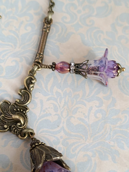 Collier Trio de Fleurs  Lucite Vintage Perles Tchèque Bronze