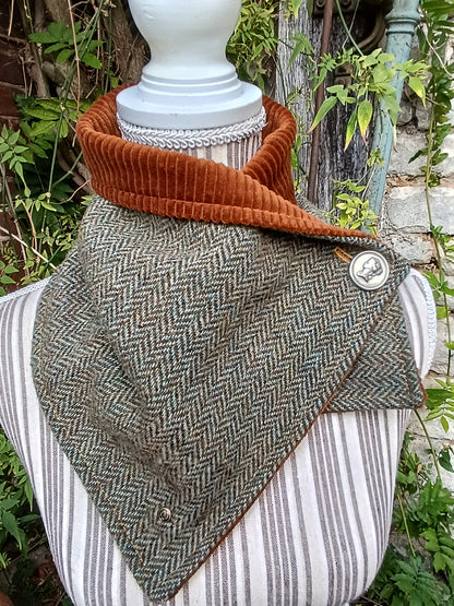 Tour de Cou Tweed Celtique Bleu Doré Velours Côtelé Marron Roux Bouton Vintage portrait de femme Fabrication Française