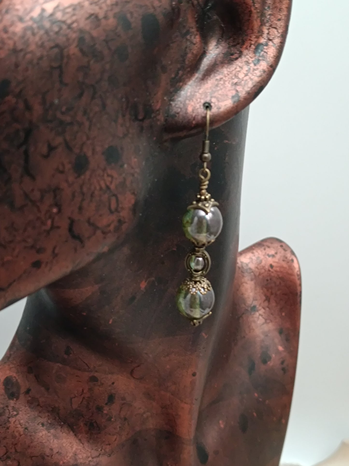 Boucles d'Oreilles Pendantes Sablier Vert Steampunk Verre Tchèque Grand Modèle 5 cm