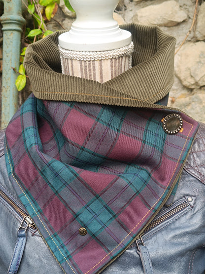 Écharpe boutonnée tour de cou tartan doublé bel côtelé et bouton vintage nacre et métal