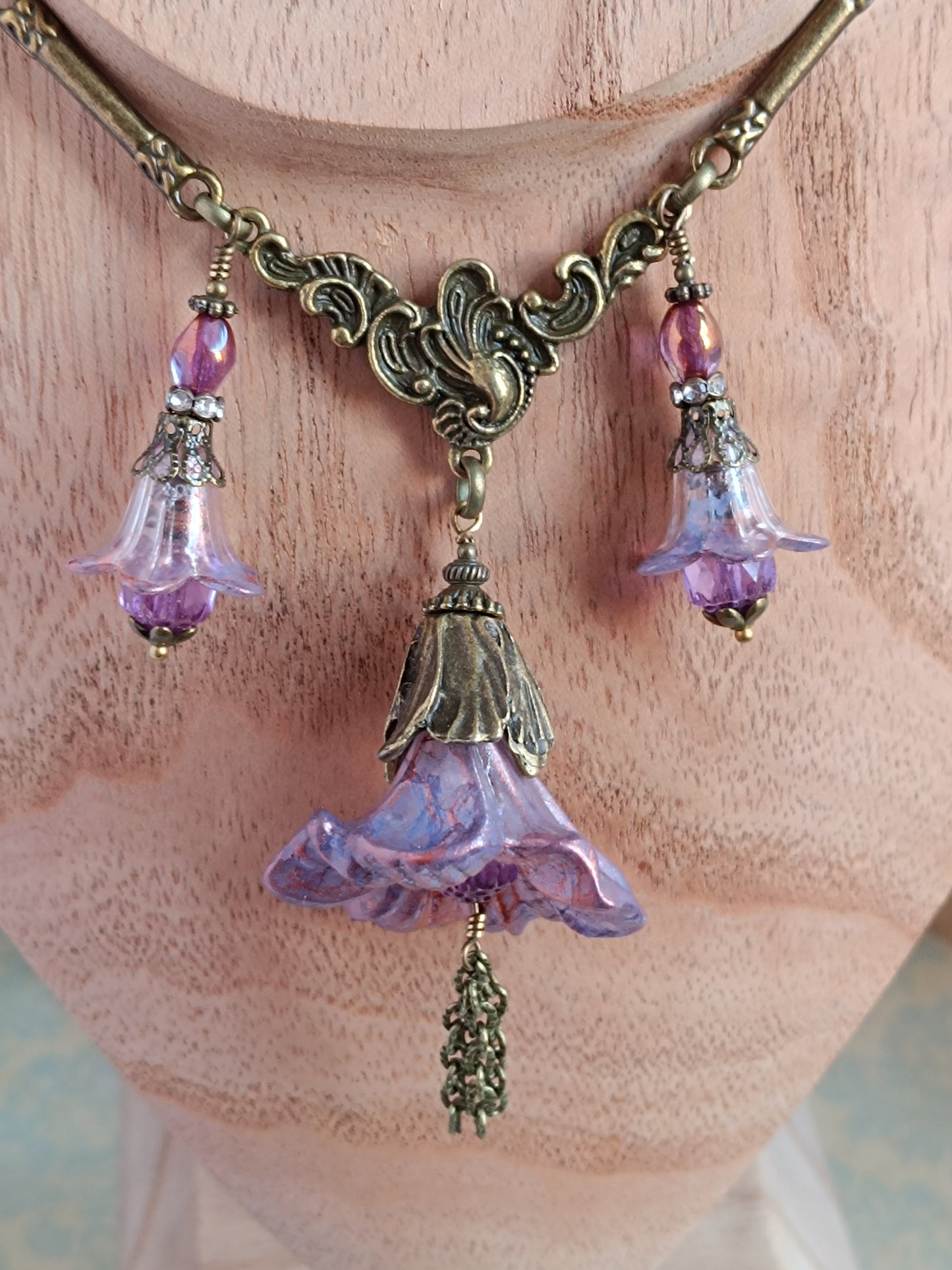 Collier Trio de Fleurs  Lucite Vintage Perles Tchèque Bronze