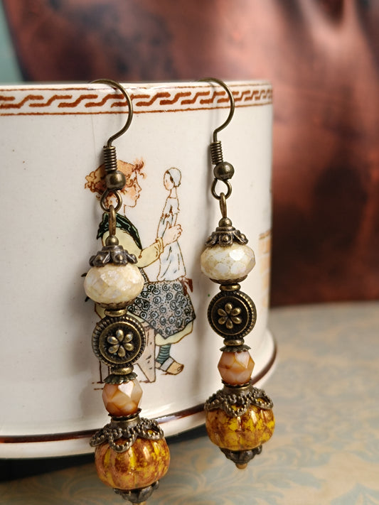 Boucles d'oreilles bohème perles de verre tchèque Picasso citrouilles - Création artisanale unique