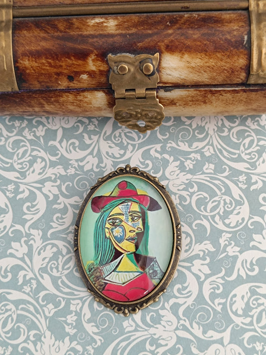 Broche Picasso Portrait Femme - Cabochon Cubisme Bronze