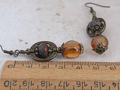 Boucles Oreilles Pendantes Dark Academia Verre Tchèque Bronze Antique