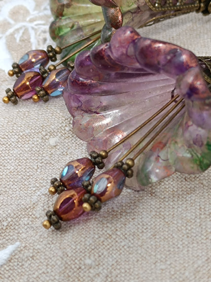 Boucles d'Oreilles Pendantes Féeriques Vertes Violettes Voile Cuivré Perles Verre Tchèque XXL