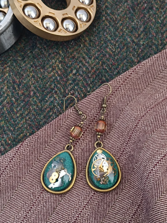 Boucles d'oreilles pendantes Steampunk gouttes - Perles verre tchèque 5cm