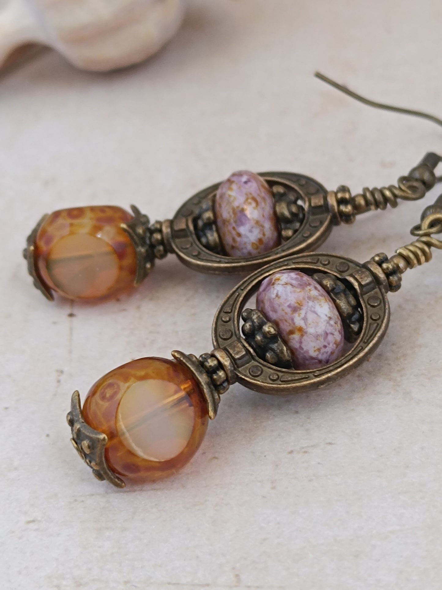 Boucles Oreilles Pendantes Bohème Néo-Victoriennes Verre Tchèque Bronze Antique