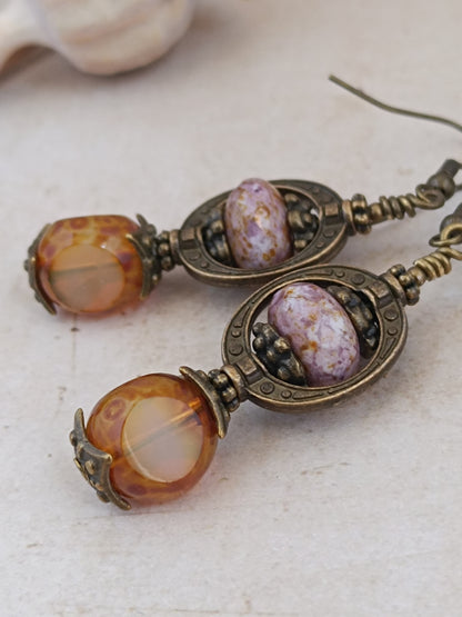 Boucles Oreilles Pendantes Bohème Néo-Victoriennes Verre Tchèque Bronze Antique
