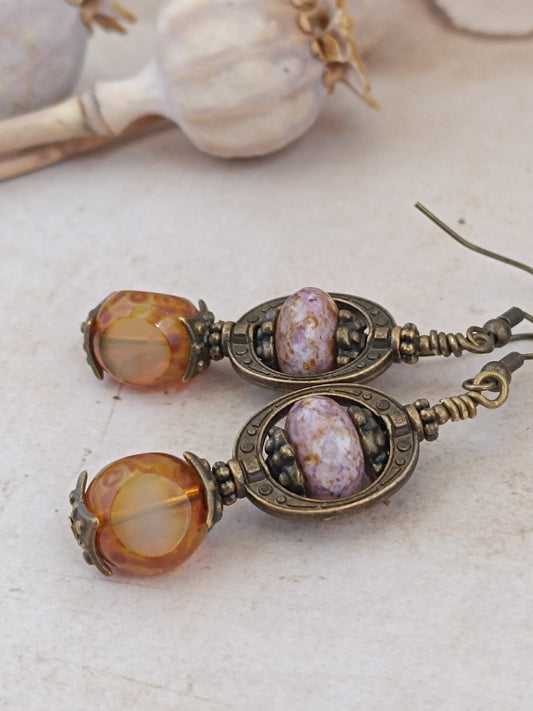 Boucles Oreilles Pendantes Bohème Néo-Victoriennes Verre Tchèque Bronze Antique