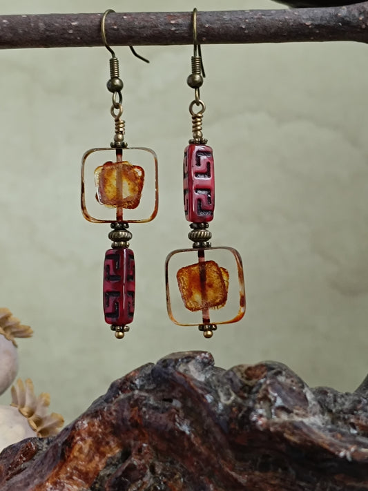 Boucles d'oreilles pendantes perles de verre tchèque géométriques asymétriques