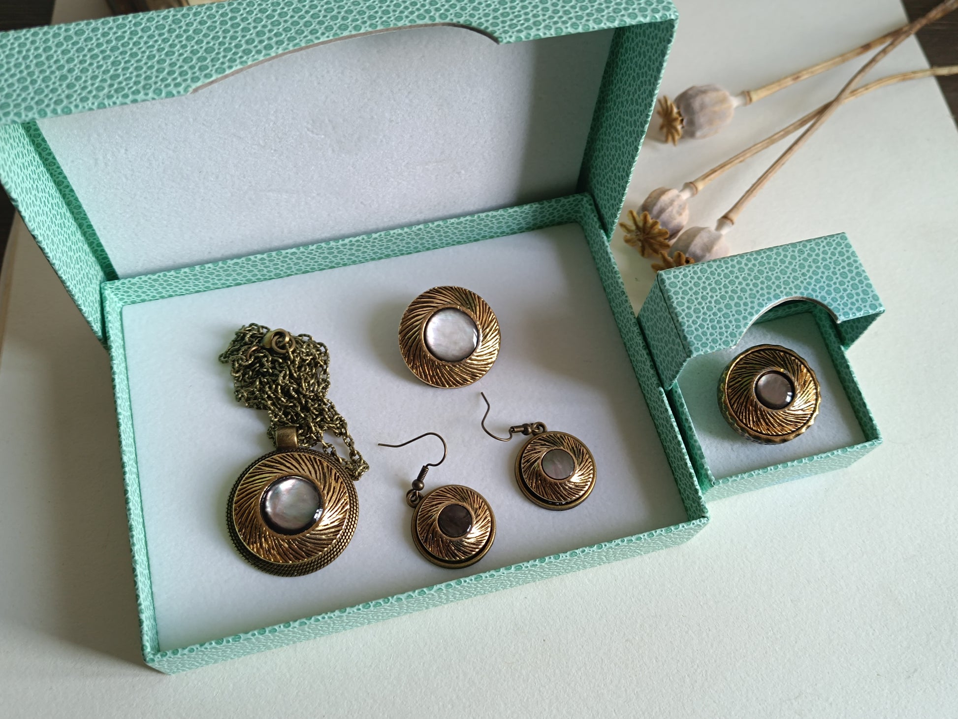 Coffret cadeau contenant un ensemble de bijoux vintage en bronze doré avec cabochons nacrés, comprenant collier, boucles d’oreilles et bagues assorties. Présentation élégante dans boîte turquoise rétro.
