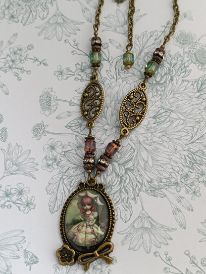 Collier Alice et Lapin Blanc - Cabochon Bronze Antique