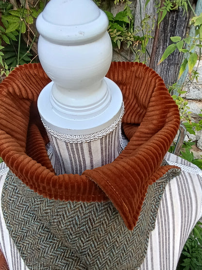 Tour de Cou Tweed Celtique Bleu Doré Velours Côtelé Marron Roux Bouton Vintage portrait de femme Fabrication Française