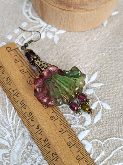 Boucles d'Oreilles Pendantes Féeriques Vertes Violet Profond Perles Verre Tchèque XXL
