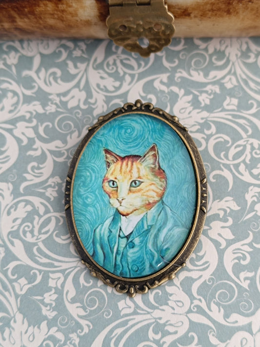 Broche Chat Dandy Van Gogh - Cabochon Bronze Étoilé