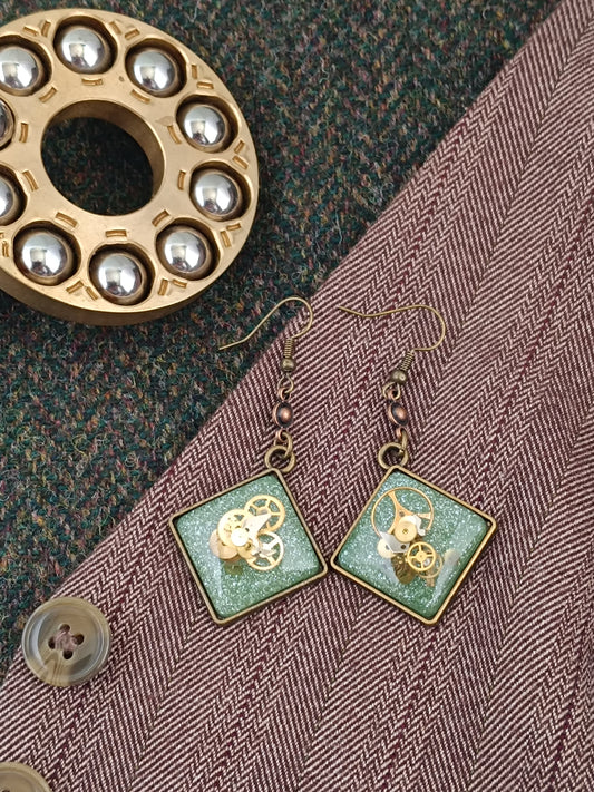 Boucles d'oreilles pendantes Steampunk losange - Connecteur cuivre 4cm