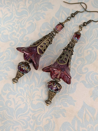 Boucles d'oreilles longues automne - Lucite vernies main reflets minéraux bronze