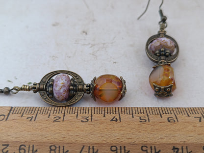 Boucles Oreilles Pendantes Bohème Néo-Victoriennes Verre Tchèque Bronze Antique