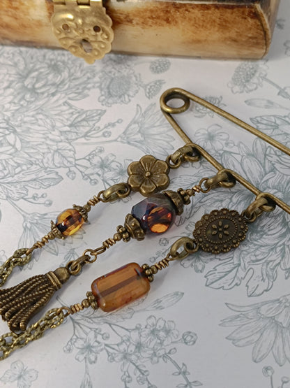 Broche Épingle Chaînette Perles Verre Tchèque Ambre - Bronze Antique Artisanal