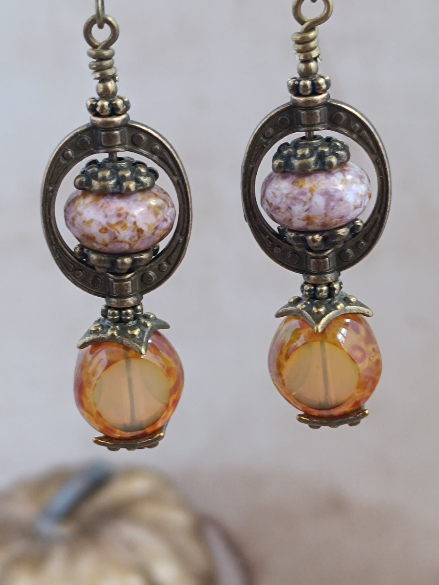 Boucles Oreilles Pendantes Bohème Néo-Victoriennes Verre Tchèque Bronze Antique