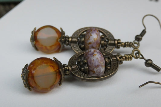 Boucles Oreilles Pendantes Bohème Néo-Victoriennes Verre Tchèque Bronze Antique