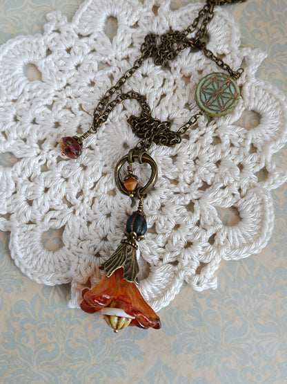 Sautoir Fleur de Vie - Lucite Vintage Perles Tchèque Bronze