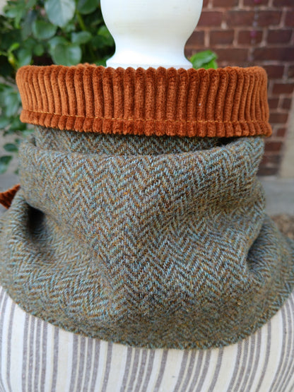 Tour de Cou Tweed Celtique Bleu Doré Velours Côtelé Marron Roux Bouton Vintage Dragon Fabrication Française