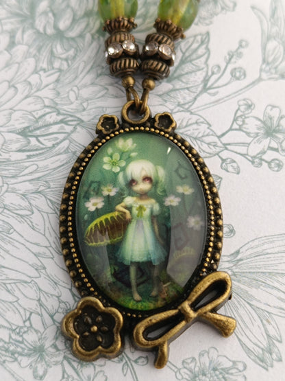 Collier Fillette et Plante Carnivore - Cabochon Unique