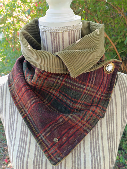 Tour de cou tartan écossais doublé velours côtelé bouton vintage métal nacre