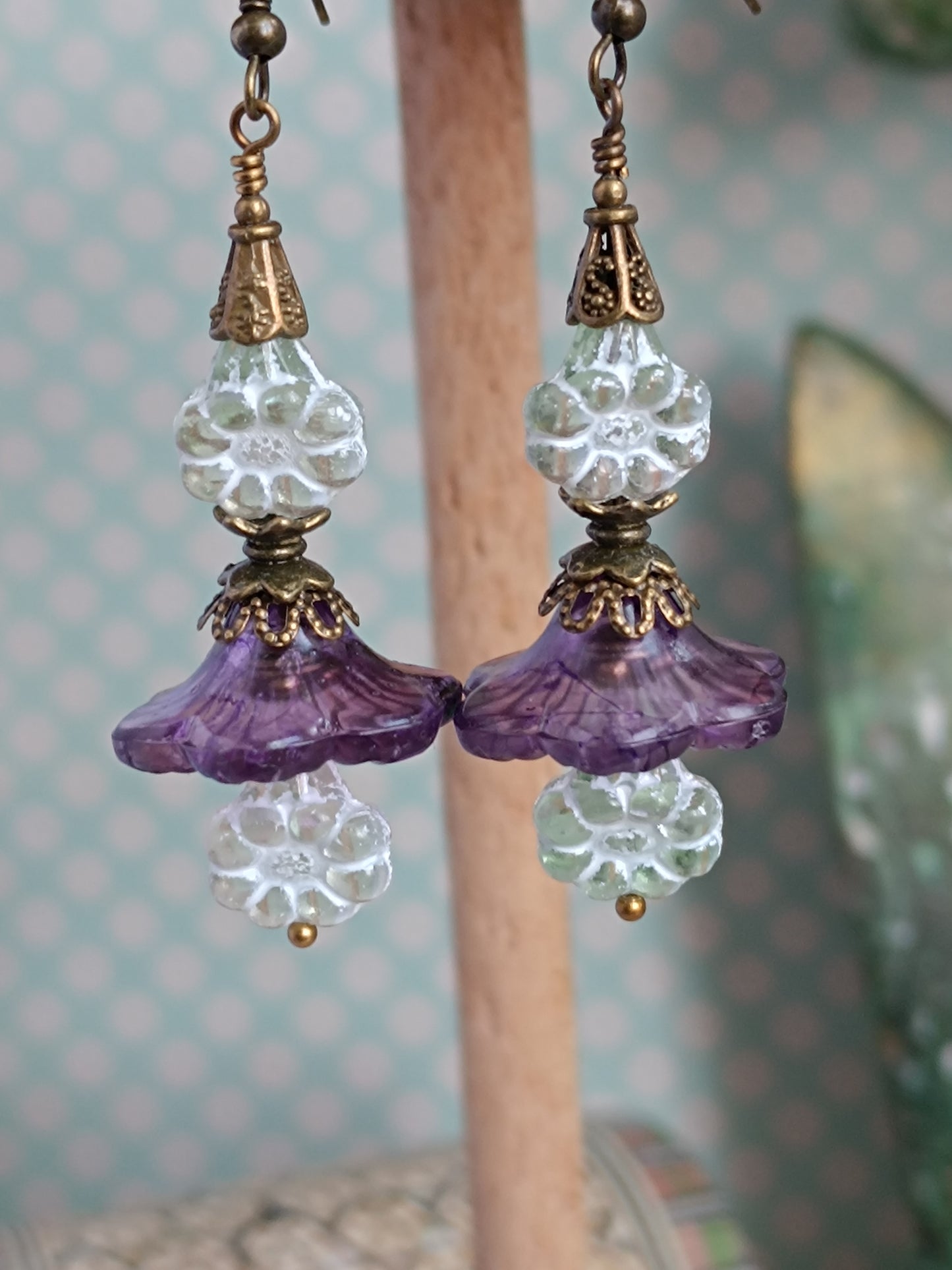 Boucles d'oreilles fleurs et fleurets verts