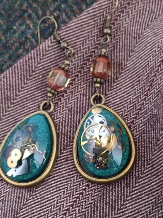 Boucles d'oreilles pendantes Steampunk gouttes - Perles verre tchèque 5cm