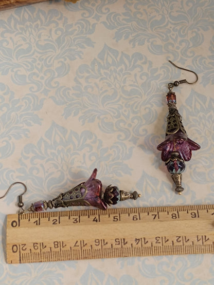 Boucles d'oreilles longues automne - Lucite vernies main reflets minéraux bronze