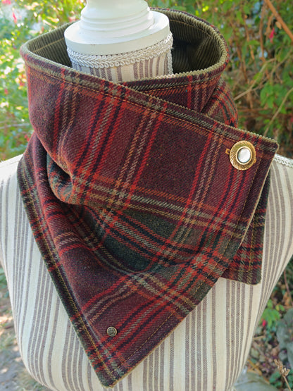 Tour de cou tartan écossais doublé velours côtelé bouton vintage métal nacre
