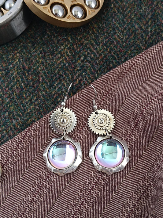 Boucles d'oreilles Steampunk miroir verre tchèque - Rose des vents argenté
