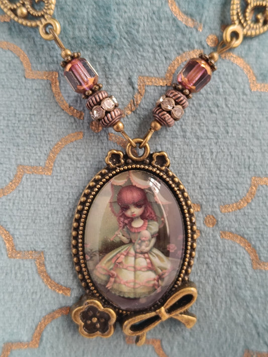 Collier Alice et Lapin Blanc - Cabochon Bronze Antique