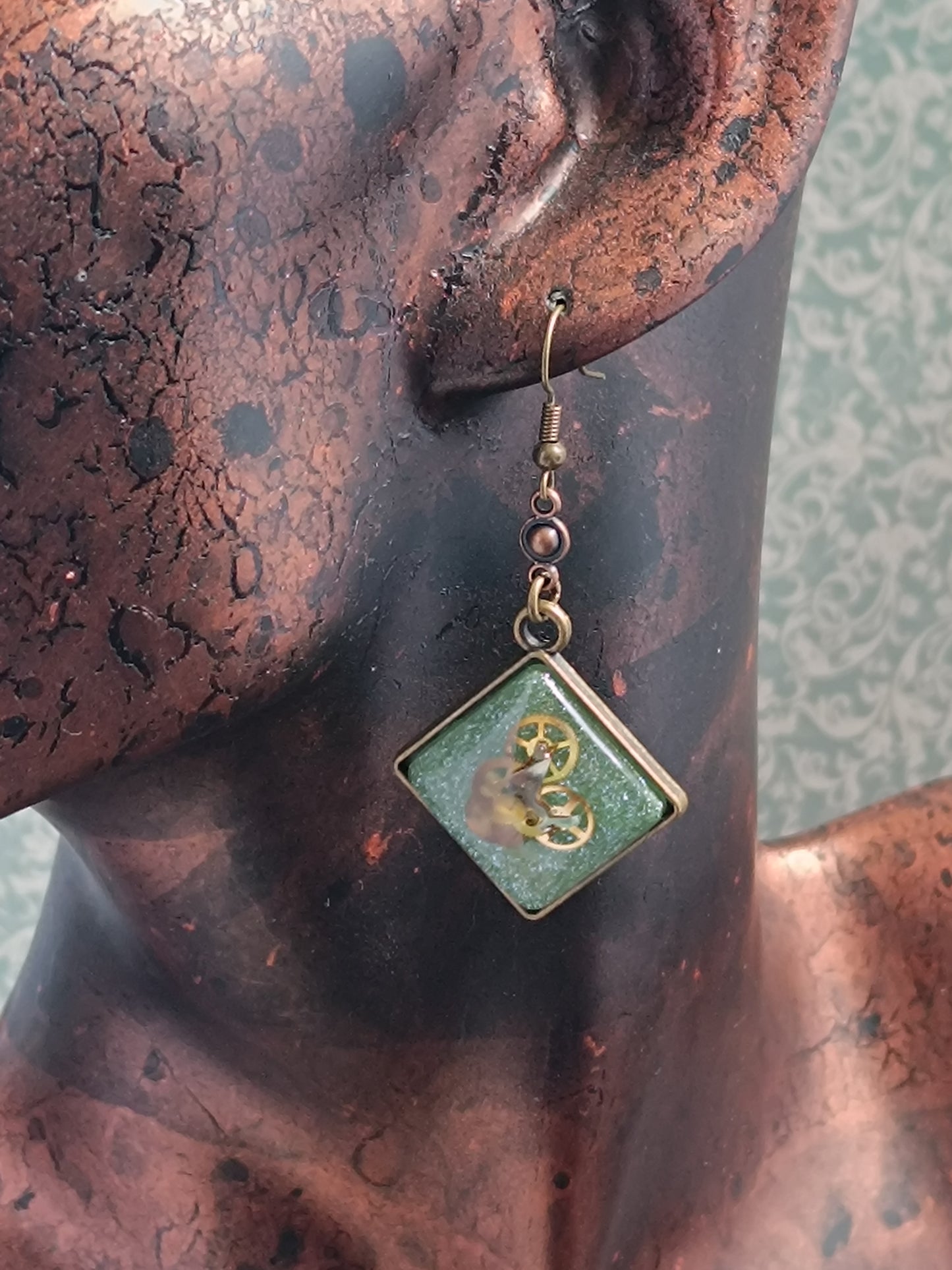 Boucles d'oreilles pendantes Steampunk losange - Connecteur cuivre 4cm