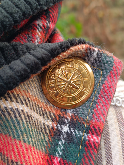 Tour de cou tartan écossais en laine et velours avec bouton boussole vintage