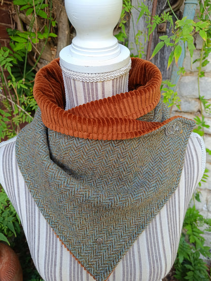 Tour de Cou Tweed Celtique Bleu Doré Velours Côtelé Marron Roux Bouton Vintage Dragon Fabrication Française