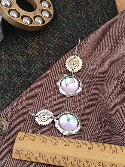 Boucles d'oreilles Steampunk miroir verre tchèque - Rose des vents argenté