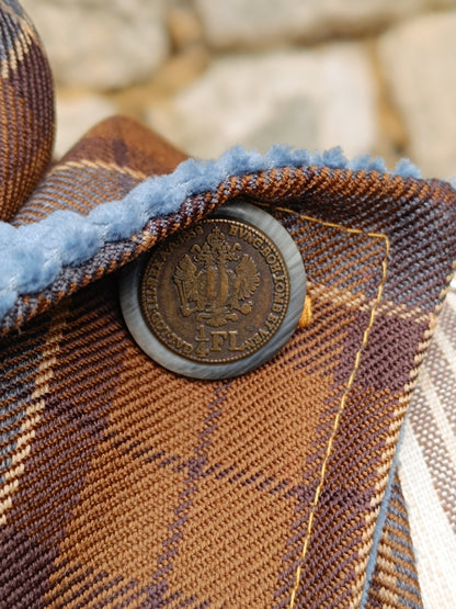 Tour de cou tartan écossais pure laine velours côtelé bleu et bouton vintage autrichien