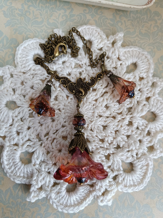 Collier Trio de Fleurs  Lucite Vintage Perles Tchèque Bronze