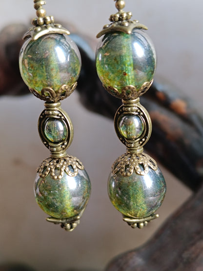 Boucles d'Oreilles Pendantes Sablier Vert Steampunk Verre Tchèque Grand Modèle 5 cm