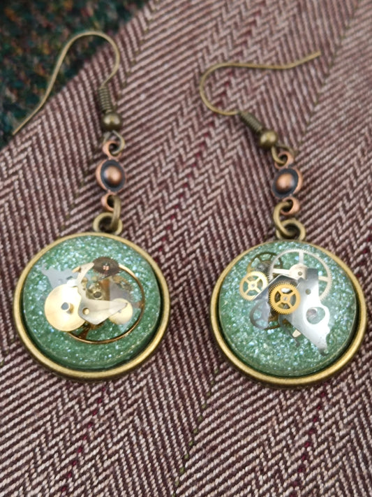 Boucles d'oreilles pendantes Steampunk rondes - Connecteur cuivre 3,5cm