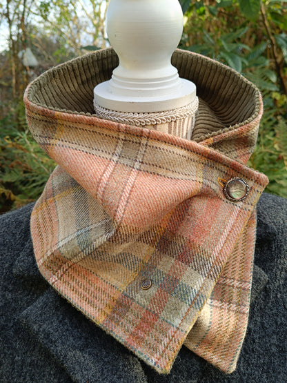 Cache Cou Tartan Velours Kaki - Bouton Nacre Vintage