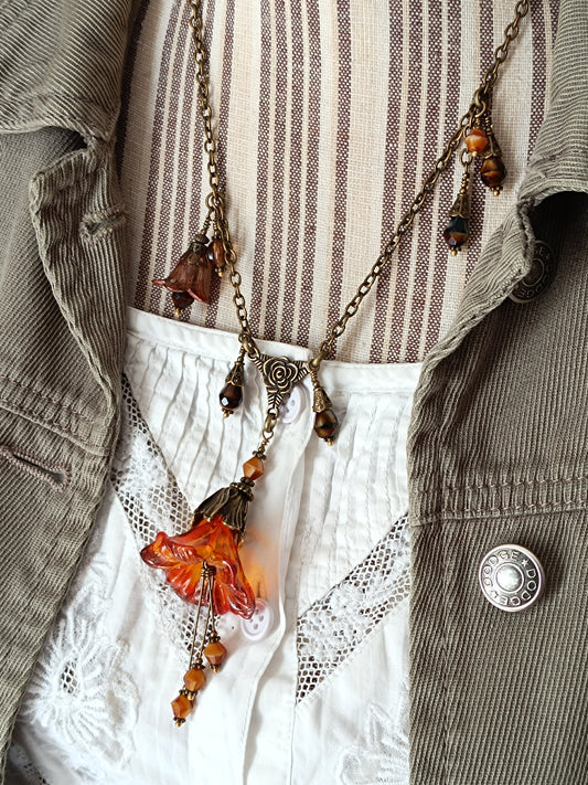 Collier Rosée Féérique  Lucite Vintage Perles Tchèque Bronze